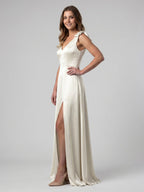 Ivory Satin A-Line V-Neck V-Back Floor-Length Bridesmaid Dress - Curvevia