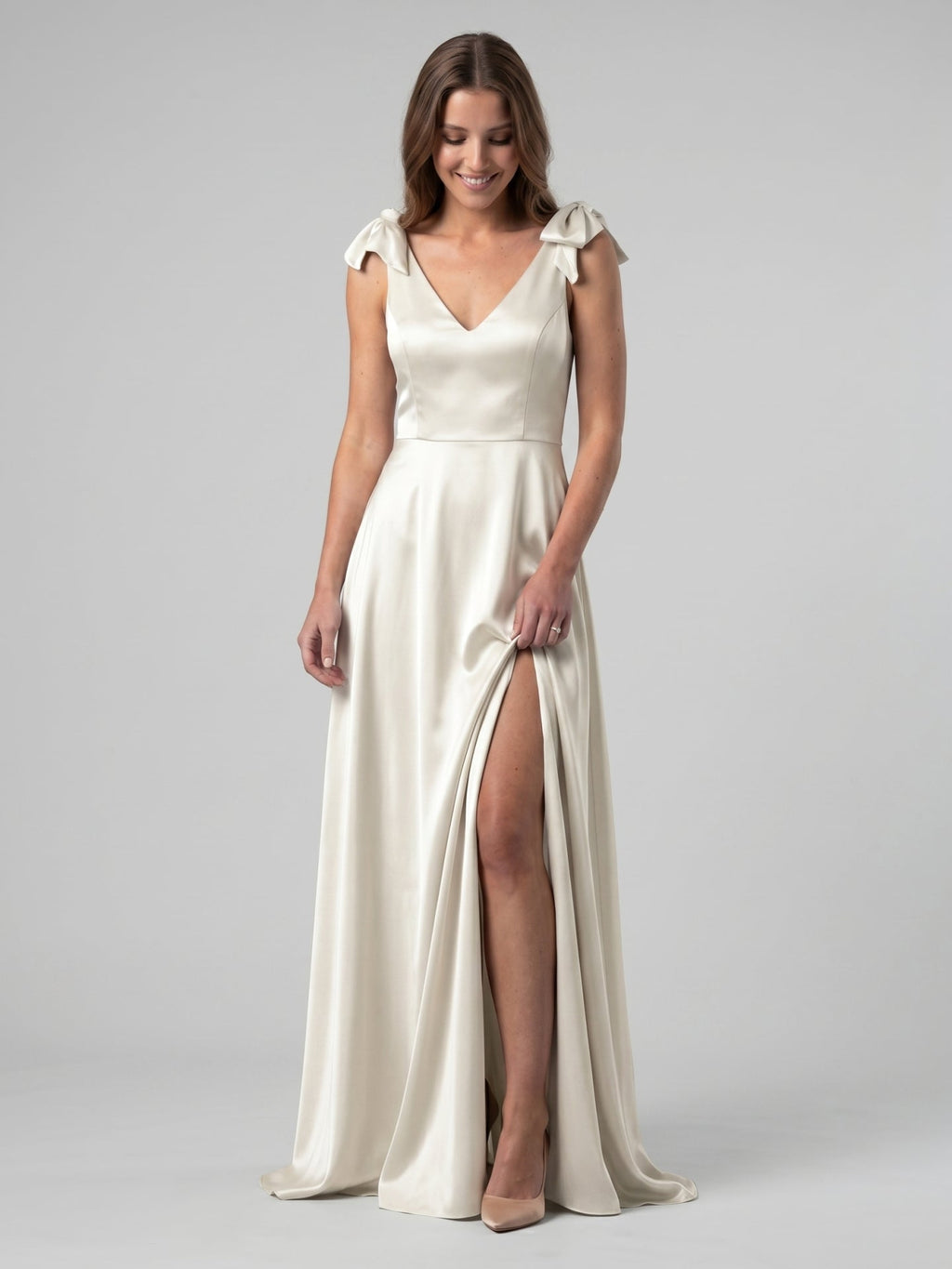Ivory Satin A-Line V-Neck V-Back Floor-Length Bridesmaid Dress - Curvevia
