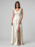 Ivory Satin A-Line V-Neck V-Back Floor-Length Bridesmaid Dress - Curvevia