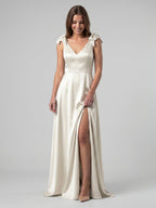 Ivory Satin A-Line V-Neck V-Back Floor-Length Bridesmaid Dress - Curvevia