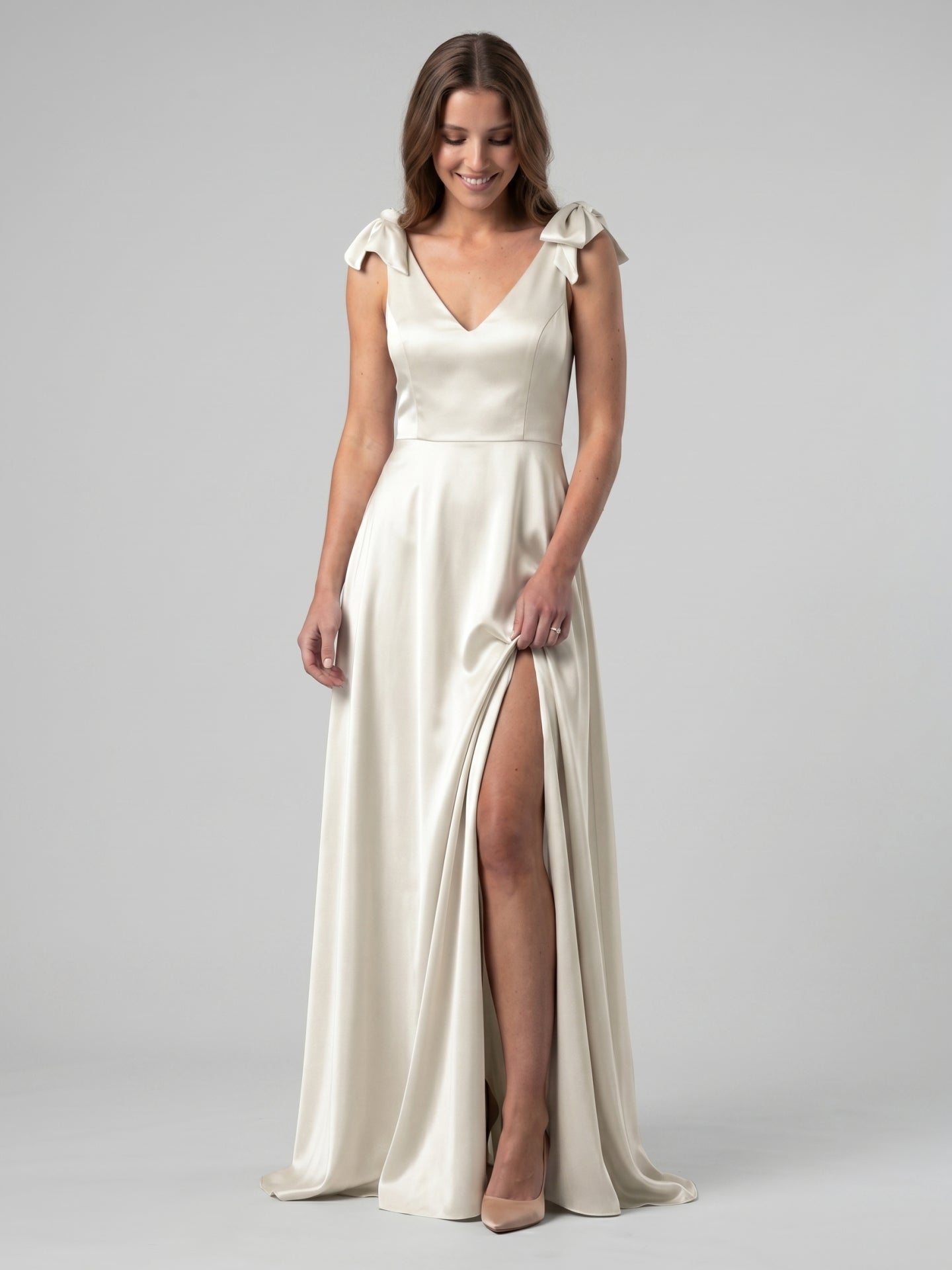 Ivory Satin A-Line V-Neck V-Back Floor-Length Bridesmaid Dress - Curvevia