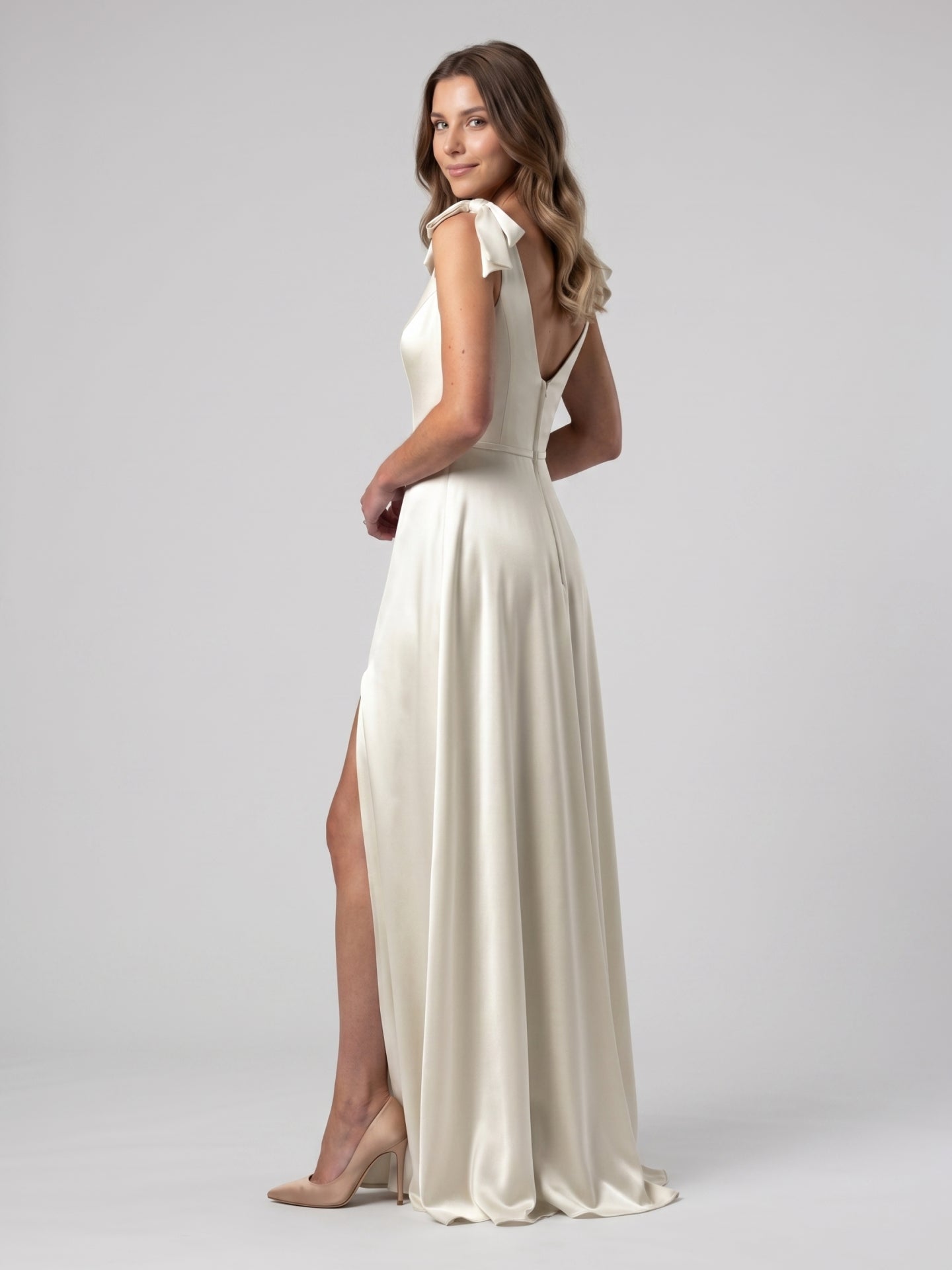 Ivory Satin A-Line V-Neck V-Back Floor-Length Bridesmaid Dress - Curvevia