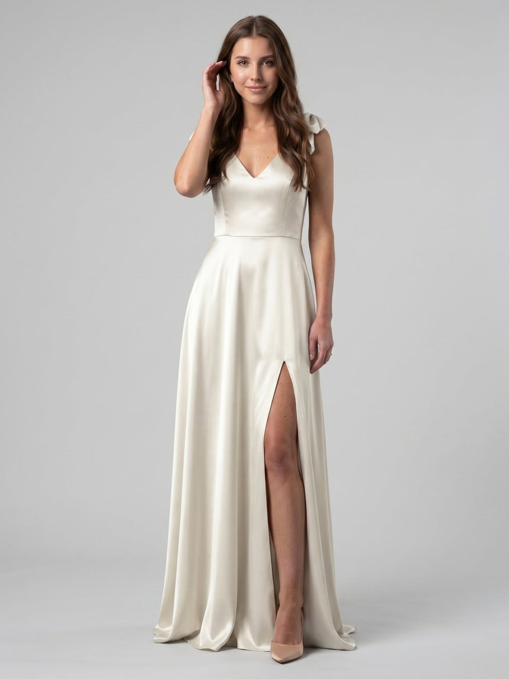 Ivory Satin A-Line V-Neck V-Back Floor-Length Bridesmaid Dress - Curvevia