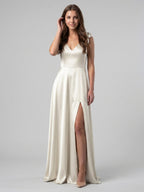 Ivory Satin A-Line V-Neck V-Back Floor-Length Bridesmaid Dress - Curvevia
