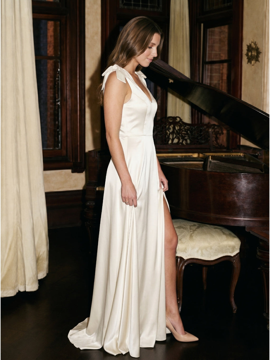 Ivory Satin A-Line V-Neck V-Back Floor-Length Bridesmaid Dress - Curvevia