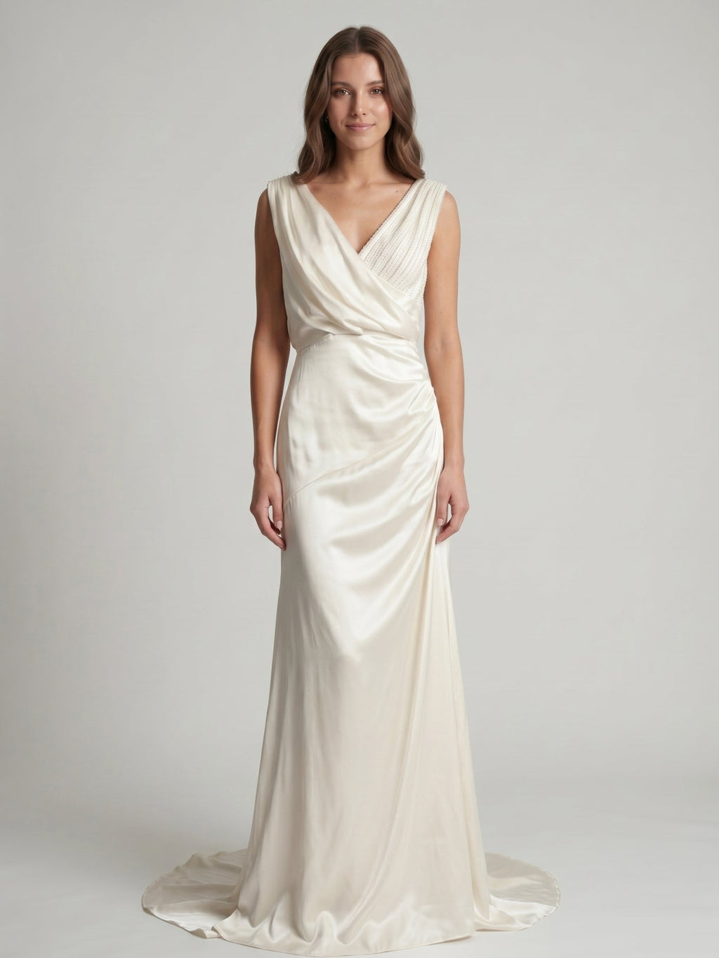Ivory Satin A-Line V-Neck V-Back Floor-Length Pleated Bridesmaid Dress - Curvevia