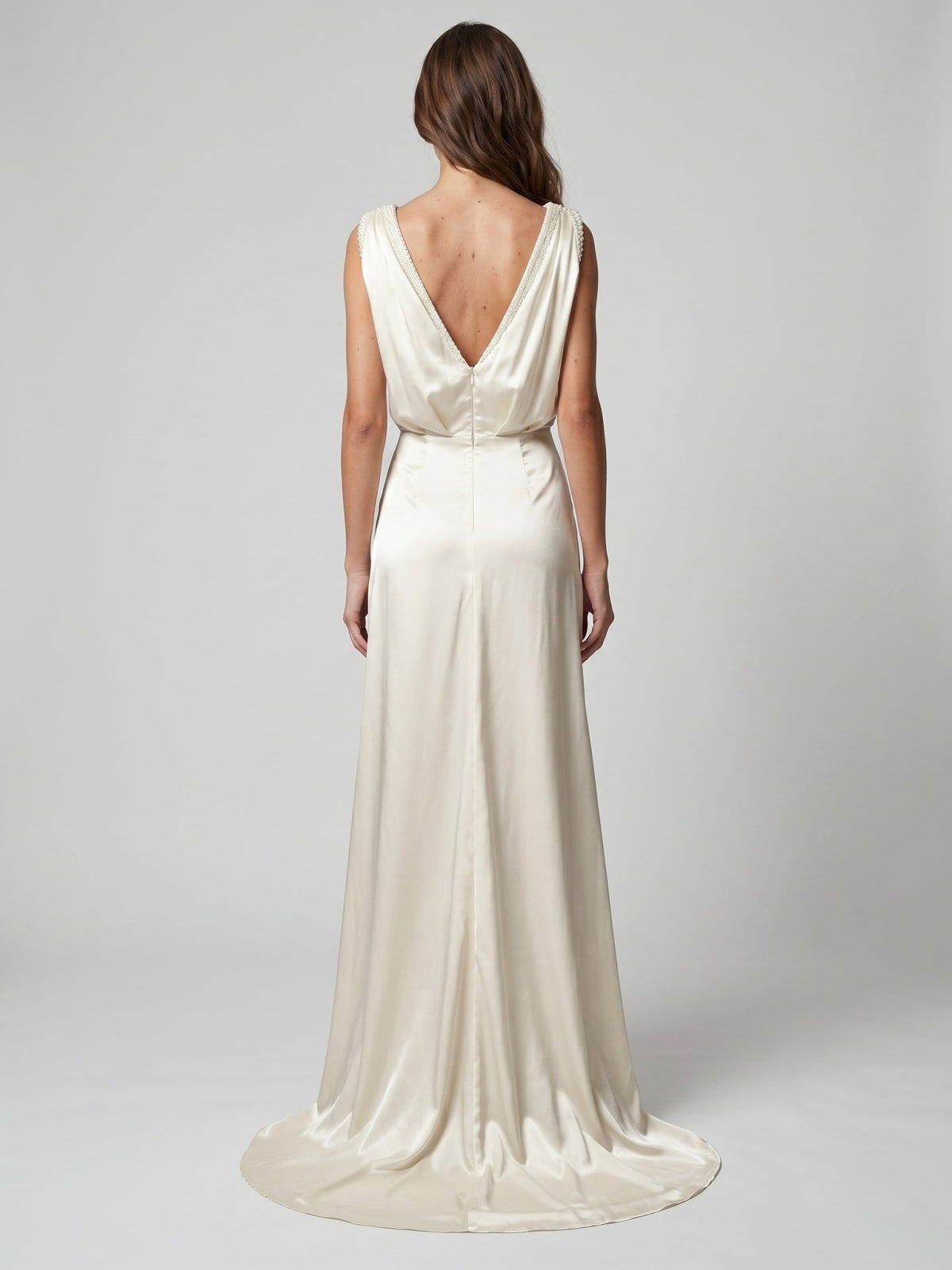 Ivory Satin A-Line V-Neck V-Back Floor-Length Pleated Bridesmaid Dress - Curvevia