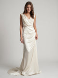 Ivory Satin A-Line V-Neck V-Back Floor-Length Pleated Bridesmaid Dress - Curvevia