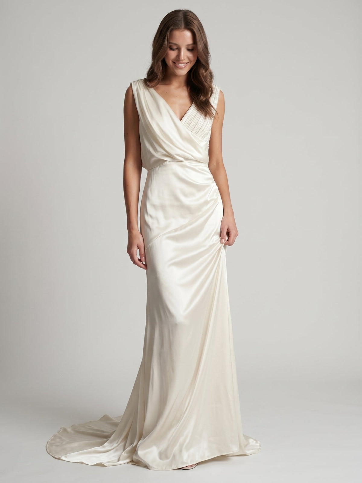 Ivory Satin A-Line V-Neck V-Back Floor-Length Pleated Bridesmaid Dress - Curvevia