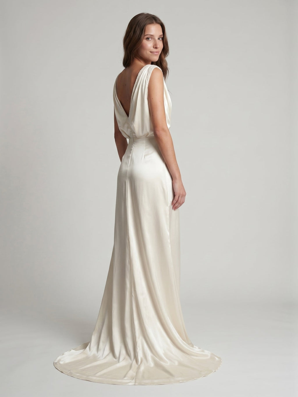 Ivory Satin A-Line V-Neck V-Back Floor-Length Pleated Bridesmaid Dress - Curvevia
