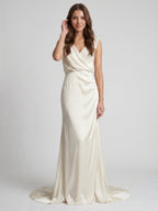 Ivory Satin A-Line V-Neck V-Back Floor-Length Pleated Bridesmaid Dress - Curvevia