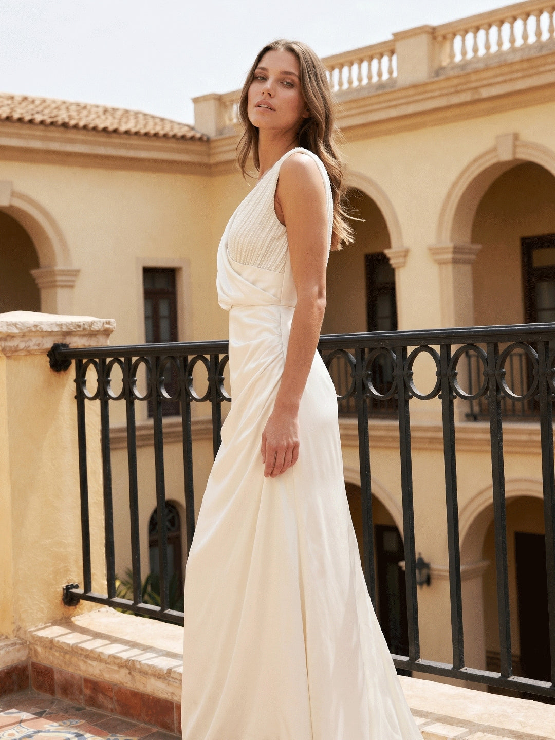 Ivory Satin A-Line V-Neck V-Back Floor-Length Pleated Bridesmaid Dress - Curvevia