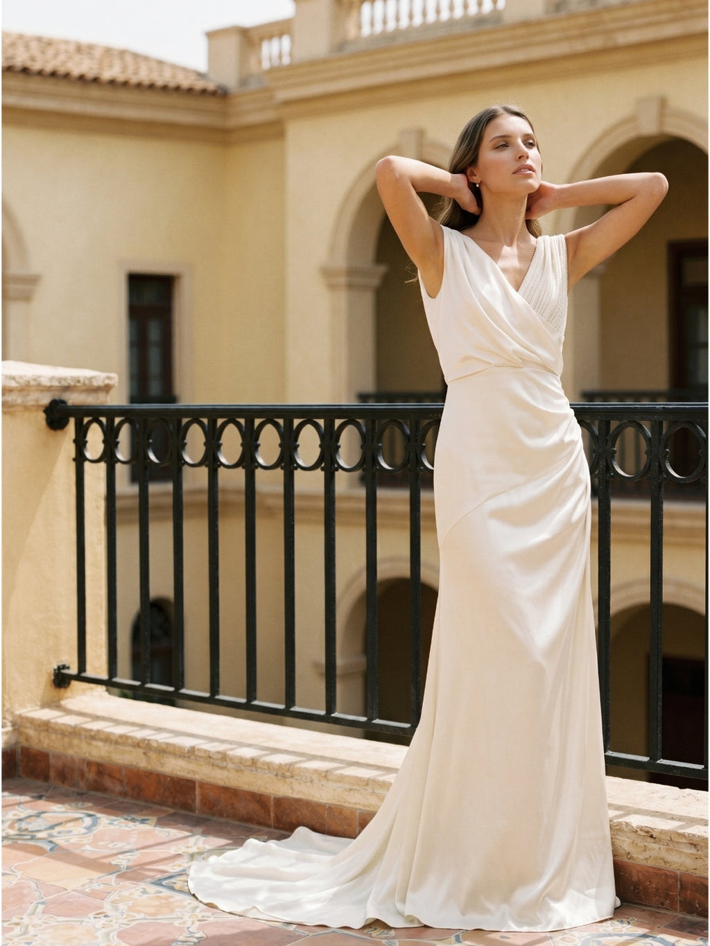 Ivory Satin A-Line V-Neck V-Back Floor-Length Pleated Bridesmaid Dress - Curvevia