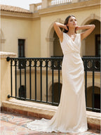 Ivory Satin A-Line V-Neck V-Back Floor-Length Pleated Bridesmaid Dress - Curvevia