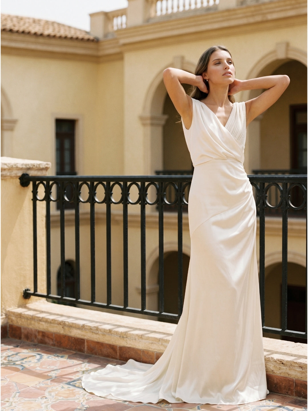 Ivory Satin A-Line V-Neck V-Back Floor-Length Pleated Bridesmaid Dress - Curvevia