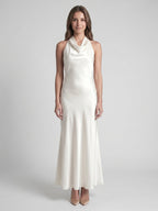 Ivory Satin Mermaid Cowl Neck Backless Floor-Length Bridesmaid Dress - Curvevia