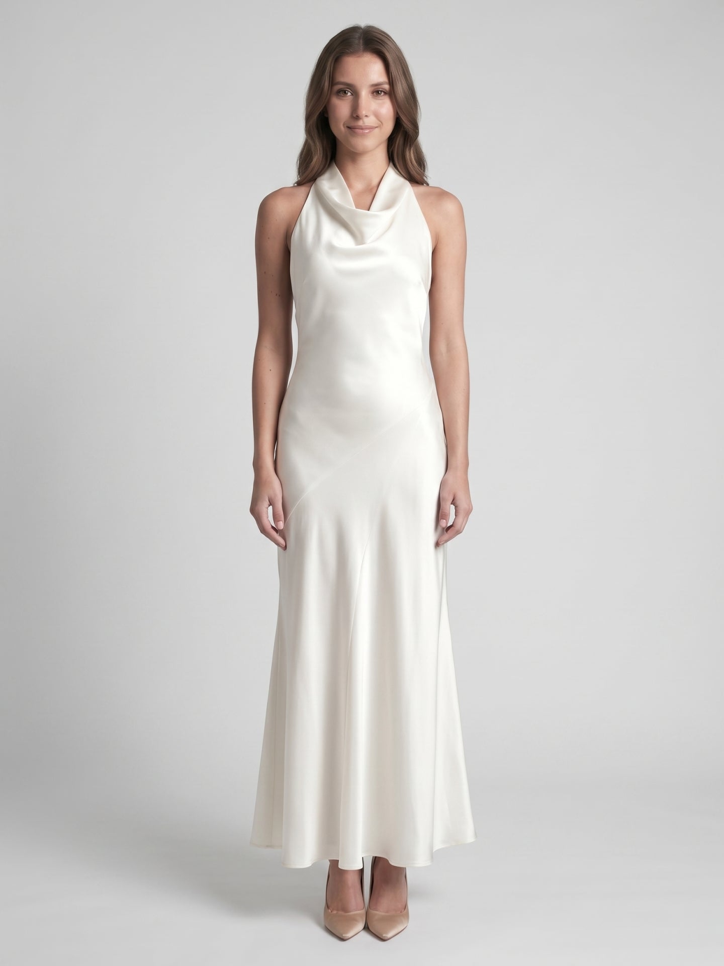 Ivory Satin Mermaid Cowl Neck Backless Floor-Length Bridesmaid Dress - Curvevia