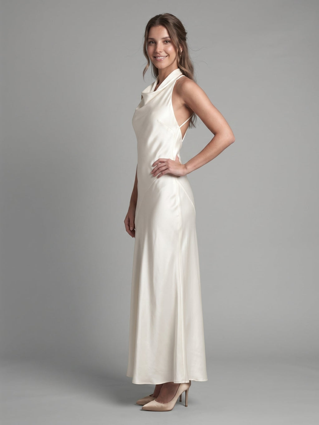 Ivory Satin Mermaid Cowl Neck Backless Floor-Length Bridesmaid Dress - Curvevia