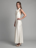 Ivory Satin Mermaid Cowl Neck Backless Floor-Length Bridesmaid Dress - Curvevia