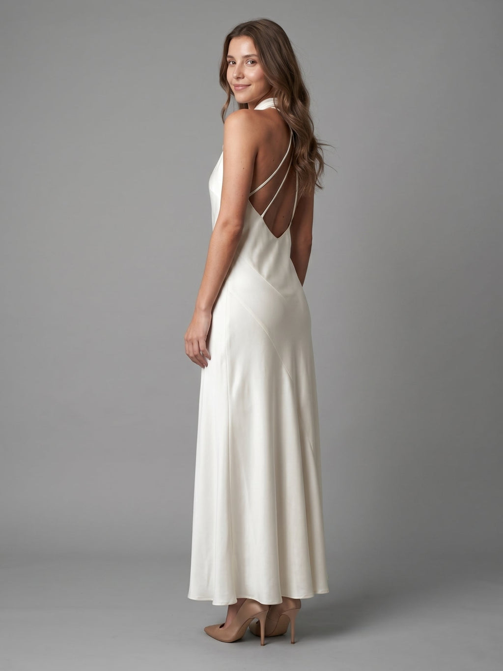 Ivory Satin Mermaid Cowl Neck Backless Floor-Length Bridesmaid Dress - Curvevia