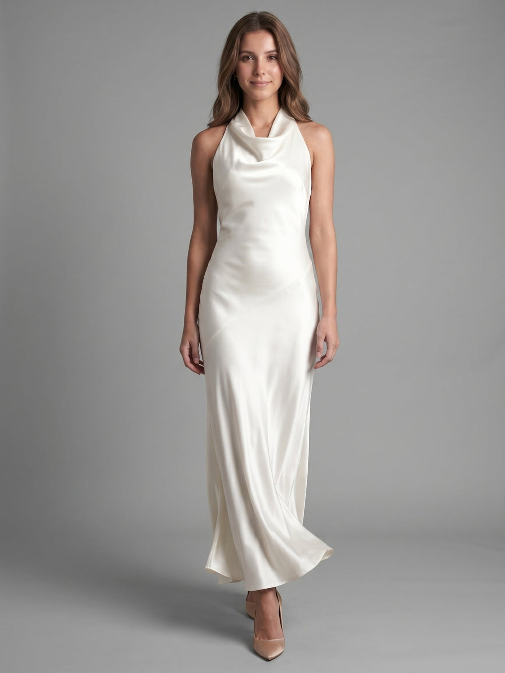 Ivory Satin Mermaid Cowl Neck Backless Floor-Length Bridesmaid Dress - Curvevia