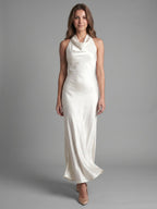 Ivory Satin Mermaid Cowl Neck Backless Floor-Length Bridesmaid Dress - Curvevia