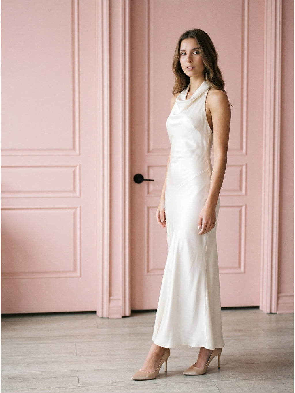 Ivory Satin Mermaid Cowl Neck Backless Floor-Length Bridesmaid Dress - Curvevia