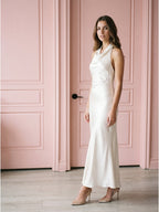 Ivory Satin Mermaid Cowl Neck Backless Floor-Length Bridesmaid Dress - Curvevia