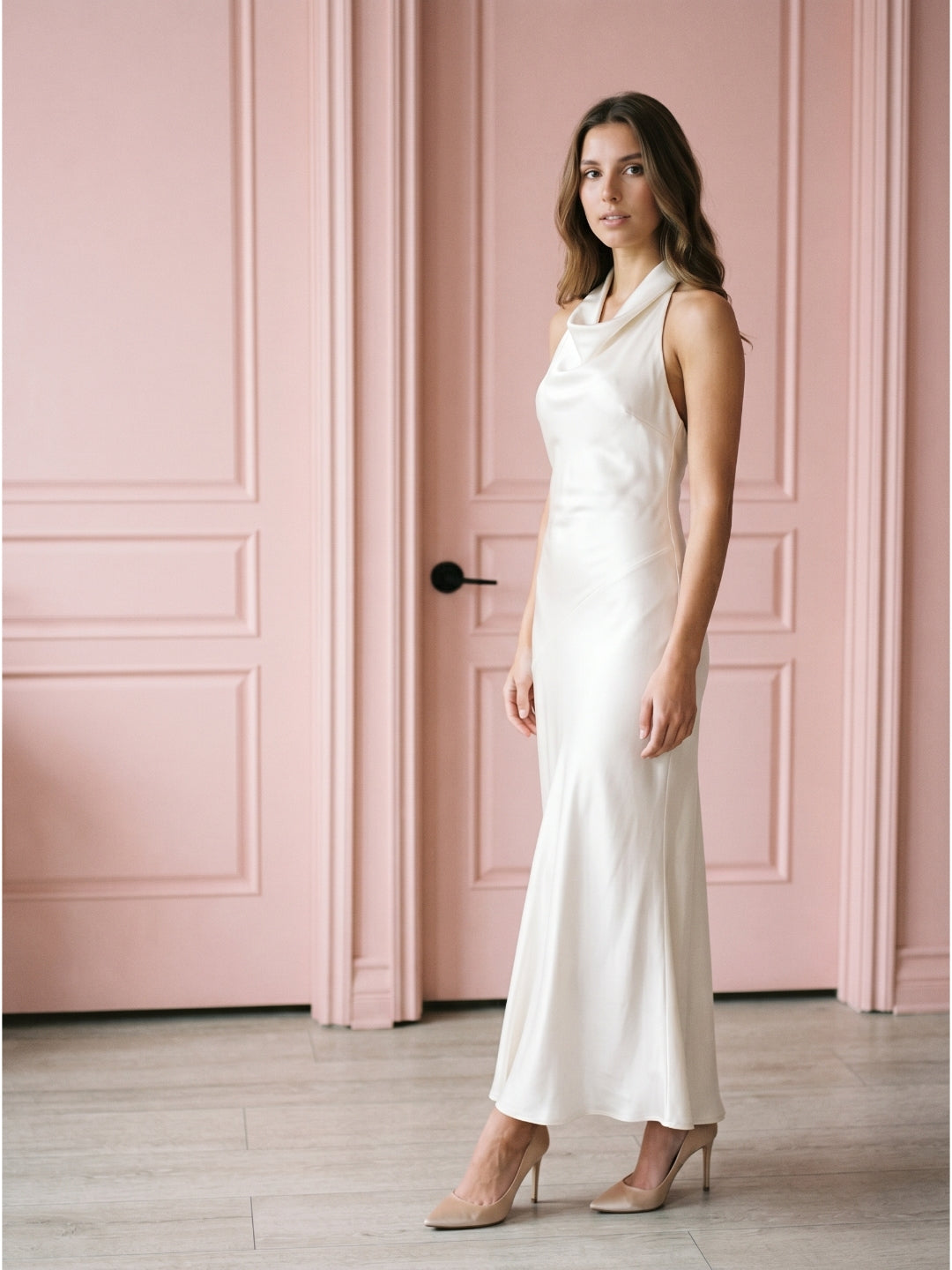 Ivory Satin Mermaid Cowl Neck Backless Floor-Length Bridesmaid Dress - Curvevia