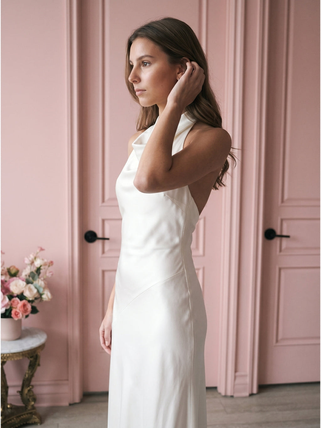 Ivory Satin Mermaid Cowl Neck Backless Floor-Length Bridesmaid Dress - Curvevia