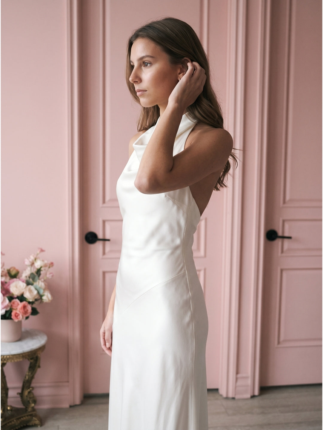 Ivory Satin Mermaid Cowl Neck Backless Floor-Length Bridesmaid Dress - Curvevia