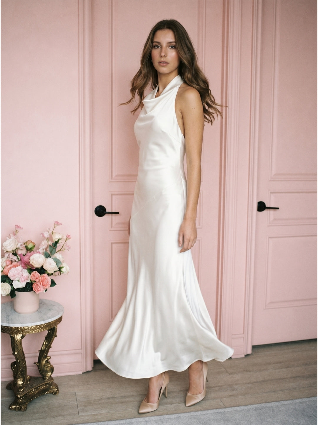 Ivory Satin Mermaid Cowl Neck Backless Floor-Length Bridesmaid Dress - Curvevia