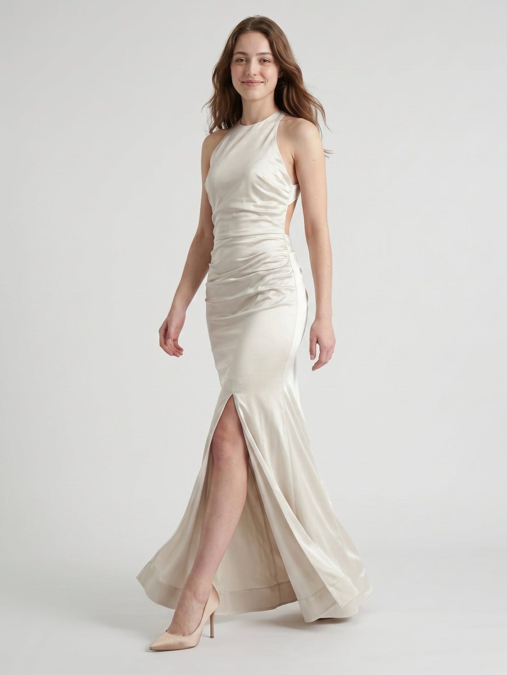Ivory Satin Mermaid Halter Neckline Backless Floor-Length Bridesmaid Dress with Pleated Style - Curvevia