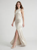 Ivory Satin Mermaid Halter Neckline Backless Floor-Length Bridesmaid Dress with Pleated Style - Curvevia