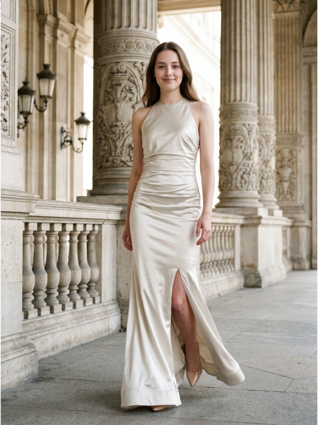 Ivory Satin Mermaid Halter Neckline Backless Floor-Length Bridesmaid Dress with Pleated Style - Curvevia