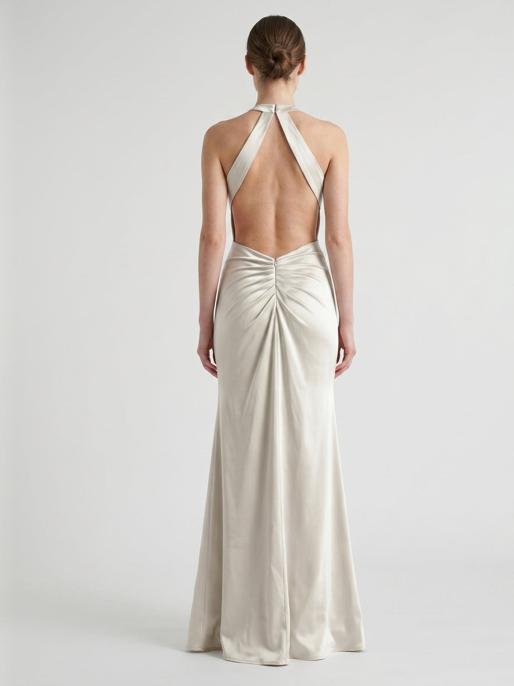 Ivory Satin Mermaid Halter Neckline Backless Floor-Length Bridesmaid Dress with Pleated Style - Curvevia