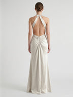 Ivory Satin Mermaid Halter Neckline Backless Floor-Length Bridesmaid Dress with Pleated Style - Curvevia