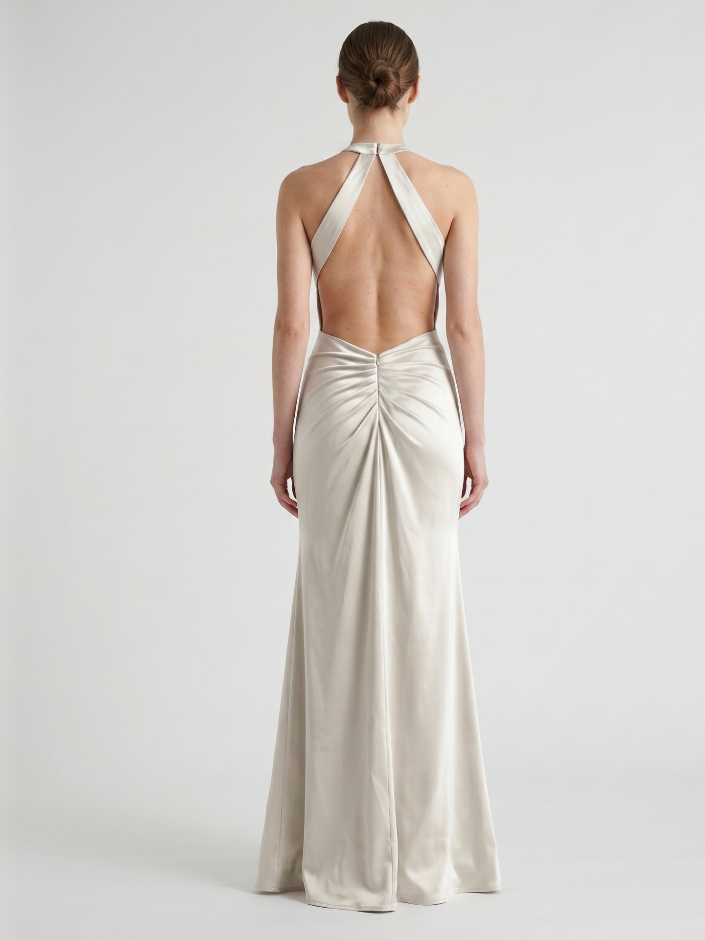 Ivory Satin Mermaid Halter Neckline Backless Floor-Length Bridesmaid Dress with Pleated Style - Curvevia