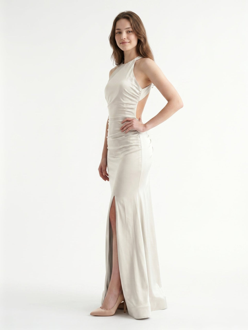 Ivory Satin Mermaid Halter Neckline Backless Floor-Length Bridesmaid Dress with Pleated Style - Curvevia