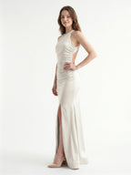 Ivory Satin Mermaid Halter Neckline Backless Floor-Length Bridesmaid Dress with Pleated Style - Curvevia