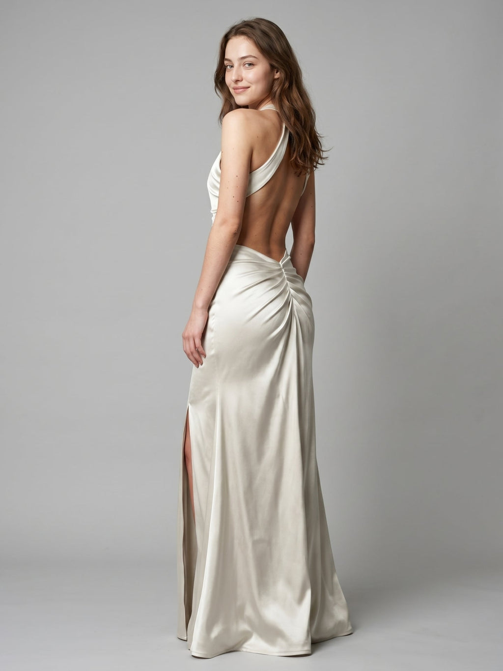 Ivory Satin Mermaid Halter Neckline Backless Floor-Length Bridesmaid Dress with Pleated Style - Curvevia