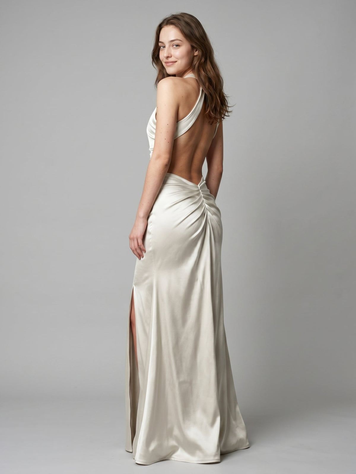 Ivory Satin Mermaid Halter Neckline Backless Floor-Length Bridesmaid Dress with Pleated Style - Curvevia