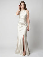 Ivory Satin Mermaid Halter Neckline Backless Floor-Length Bridesmaid Dress with Pleated Style - Curvevia