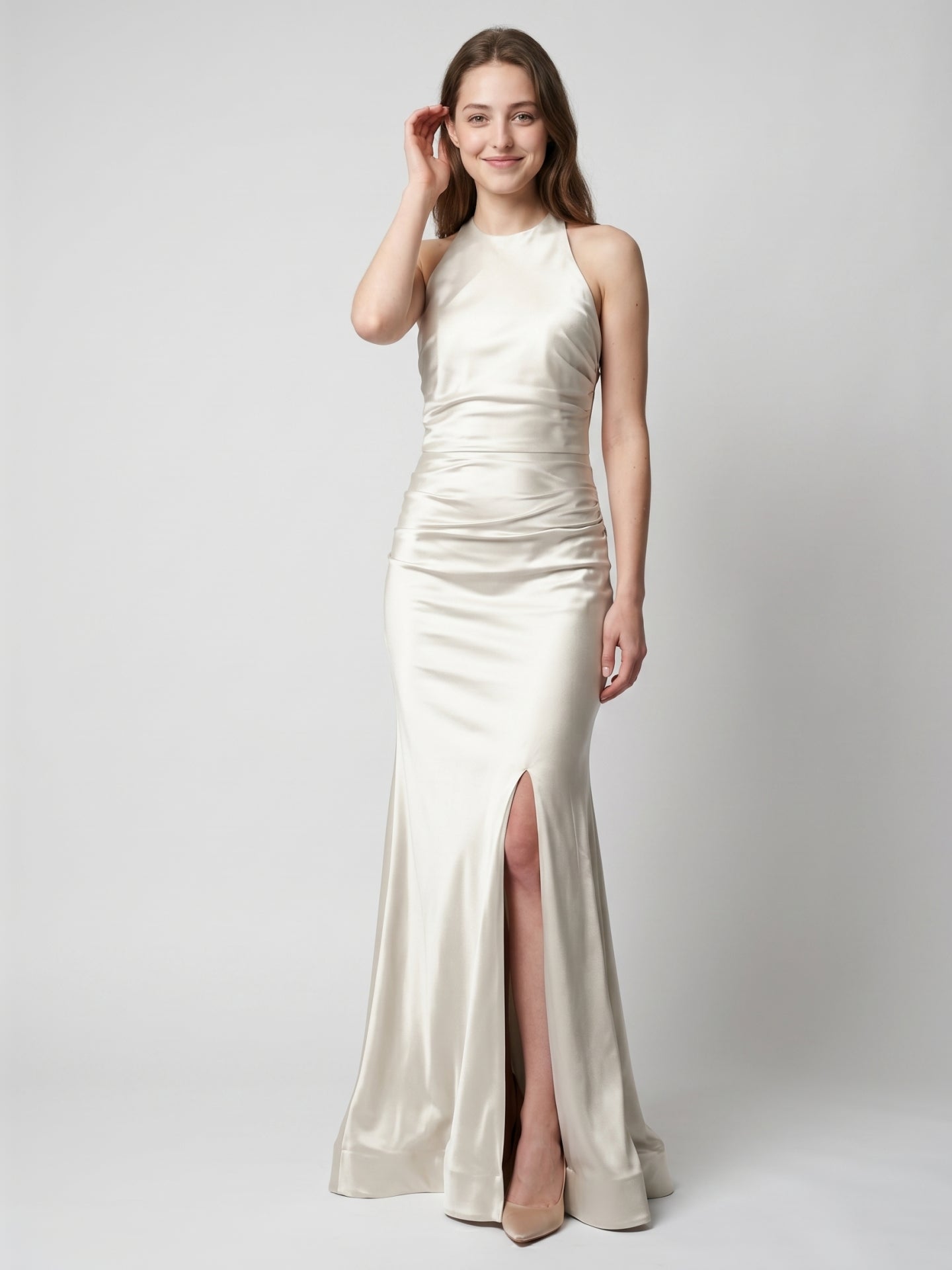 Ivory Satin Mermaid Halter Neckline Backless Floor-Length Bridesmaid Dress with Pleated Style - Curvevia