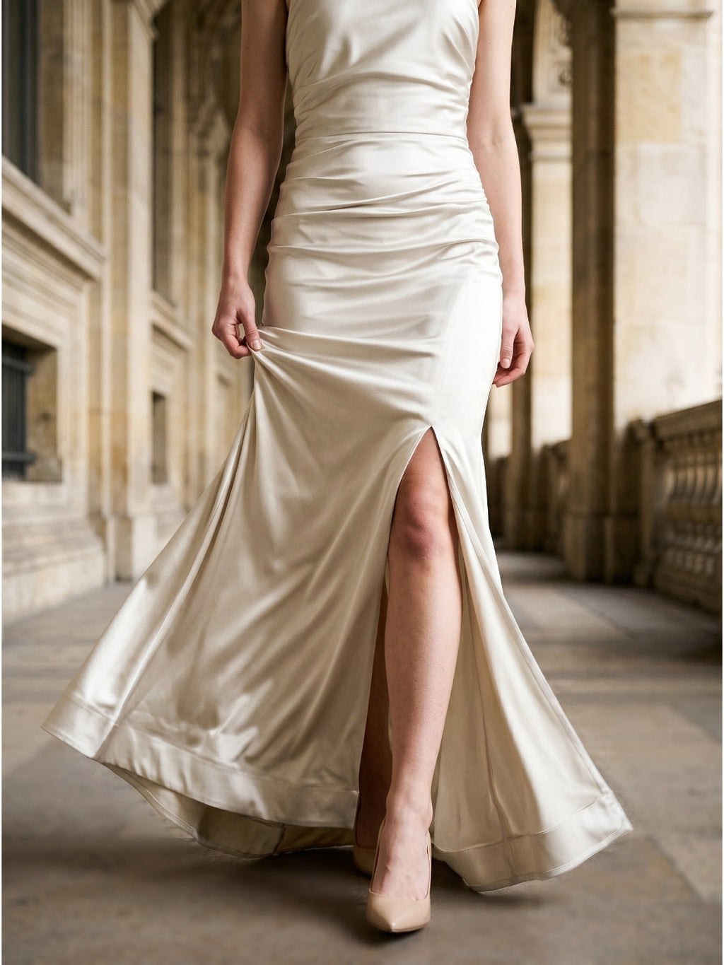 Ivory Satin Mermaid Halter Neckline Backless Floor-Length Bridesmaid Dress with Pleated Style - Curvevia
