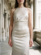 Ivory Satin Mermaid Halter Neckline Backless Floor-Length Bridesmaid Dress with Pleated Style - Curvevia