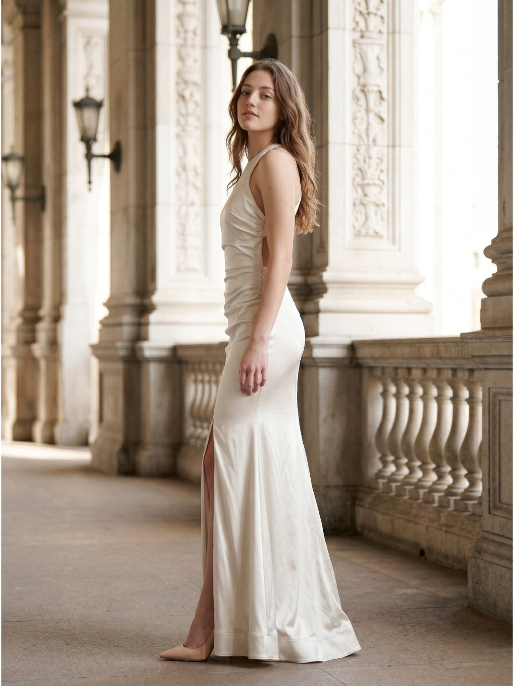 Ivory Satin Mermaid Halter Neckline Backless Floor-Length Bridesmaid Dress with Pleated Style - Curvevia