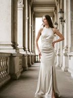 Ivory Satin Mermaid Halter Neckline Backless Floor-Length Bridesmaid Dress with Pleated Style - Curvevia