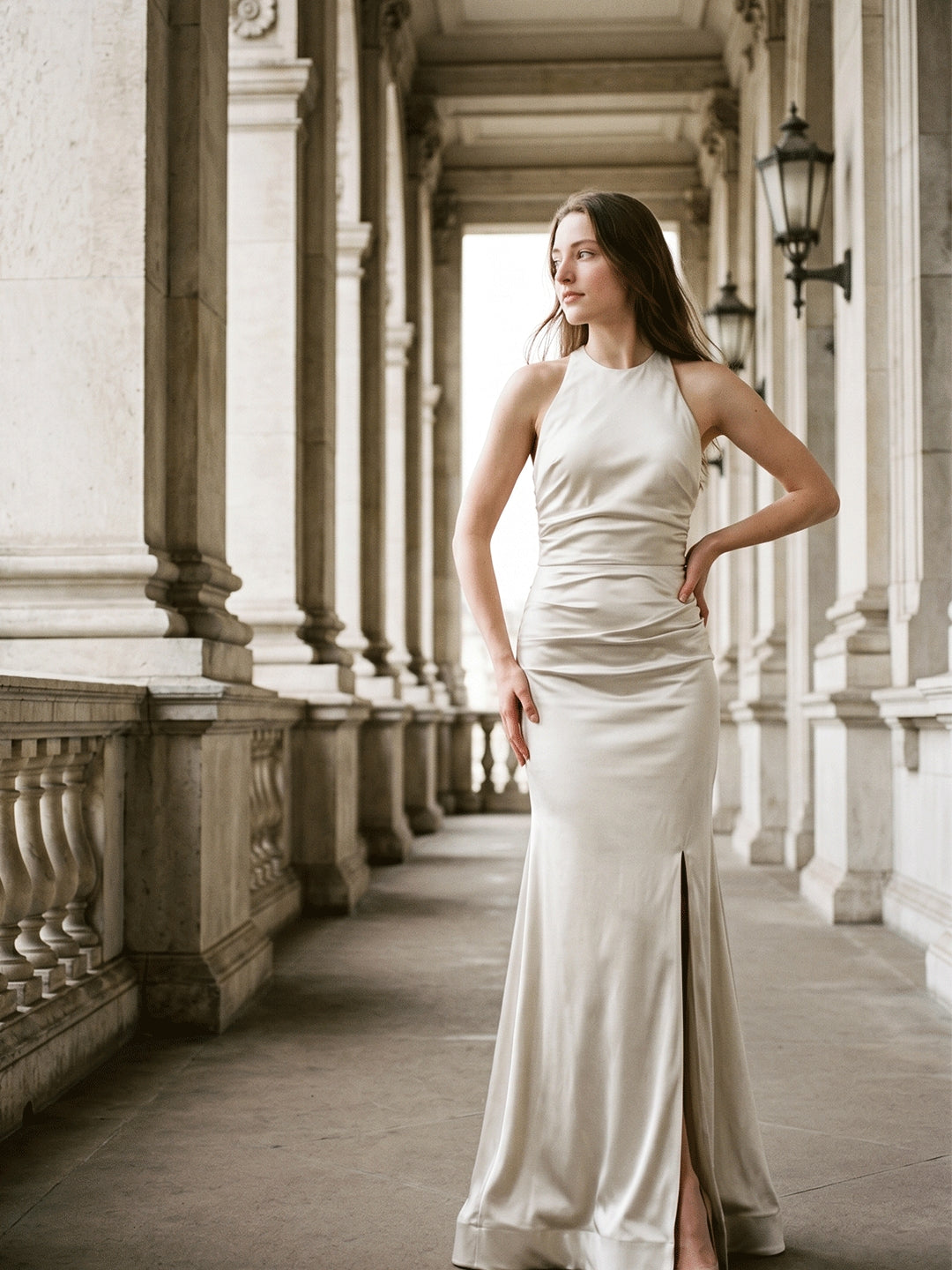 Ivory Satin Mermaid Halter Neckline Backless Floor-Length Bridesmaid Dress with Pleated Style - Curvevia