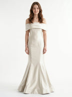 Ivory Satin Mermaid Off-the-Shoulder Back Zip Floor-Length Bridesmaid Dress with Pleated Waist - Curvevia